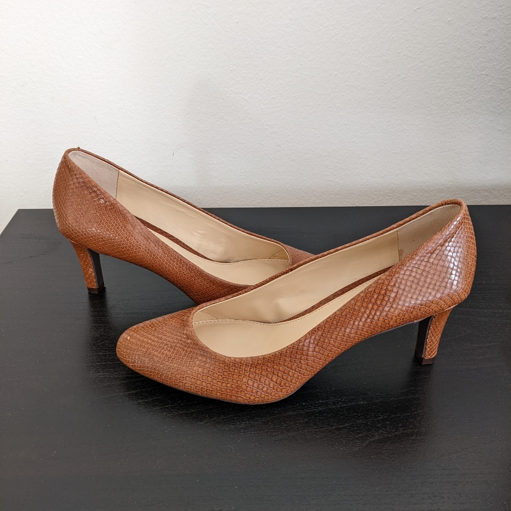 Women's Ralph Lauren Harper Shoes Heels Brown Snakeskin Pattern Leather 7.5 B